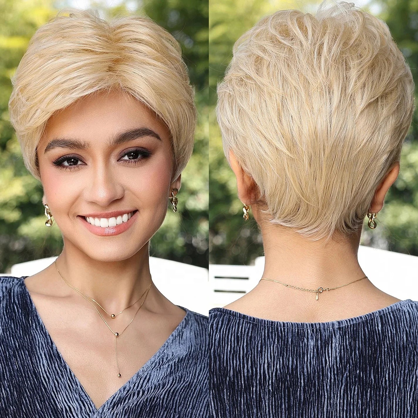 Short Blonde MONO Lace Synthetic Wig Pixie Cut Hand Tied Knotless Lace Front Hair Wig for Women Daily Use High-Quality Fiber Wig