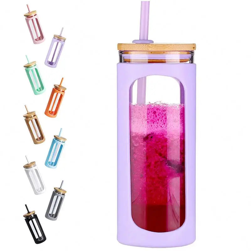 Hot Sale 20oz High Quality Natural Bamboo Glass Tumbler Coffee Mug With Straw Silicone Sleeve Bamboo Lid