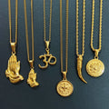 Vintage Praying Hand Charm Yoga Symbol Om Pendant Stainless Steel Medusa Jewelry Holy Spirit Dove Charm Punk Horn Tooth Necklace
