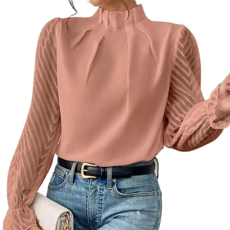 RNSHANGER Elegant Blouse Coral Women's Shirt New Half High Neck Spliced Wave Pattern Chiffon Long Sleeved Lady Shirts