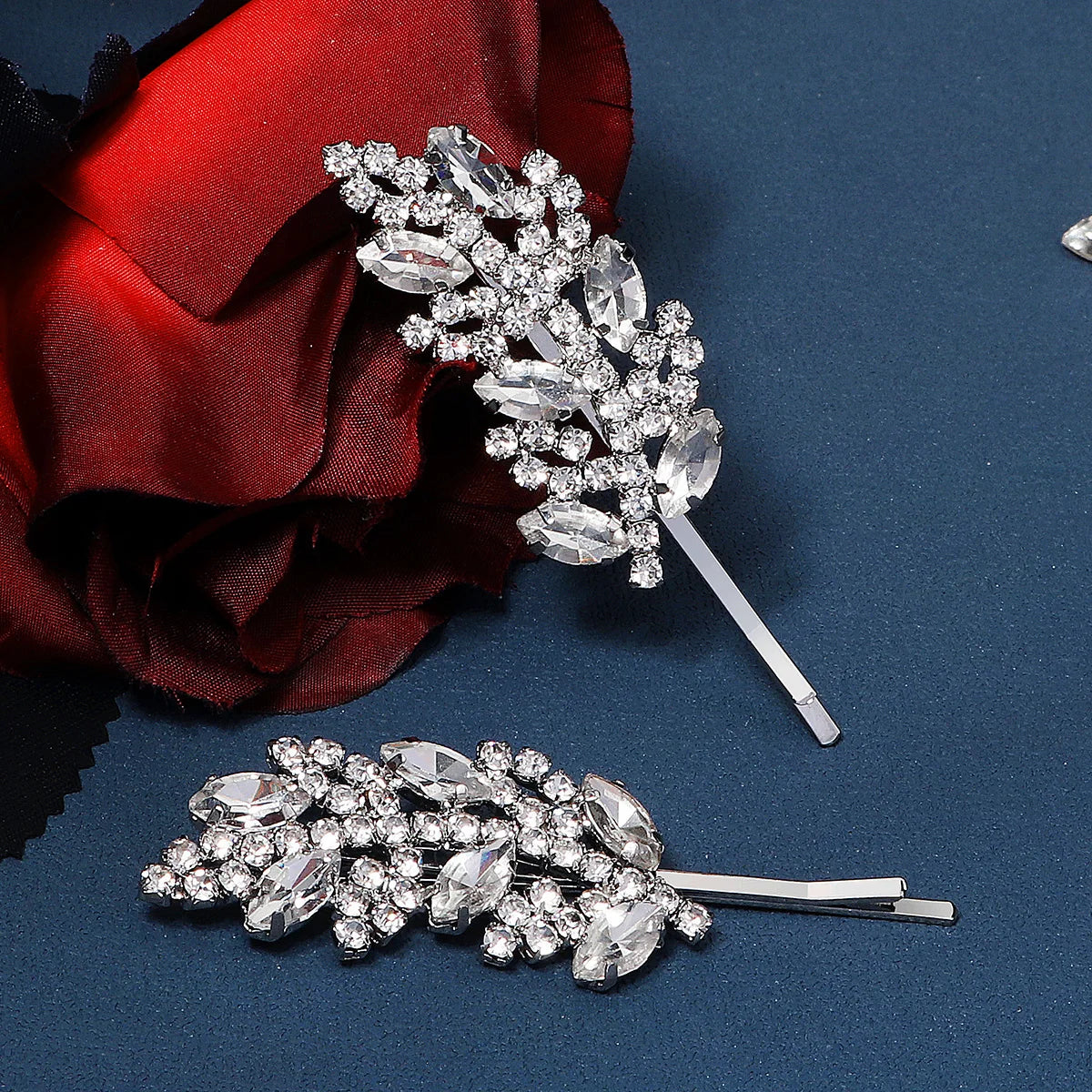 Miallo Silver Color 2Pcs/set Alloy Leaf Bobby Pins Rhinestone Bridal Hair Pins Set Hair Accessories for Wedding