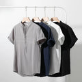 RNSHANGER New Summer Men's Cotton Shirts Vintage Stand Collar Short Sleeve Pure Color Casual Top for Men Breathable Shirt