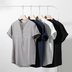 RNSHANGER New Summer Men's Cotton Shirts Vintage Stand Collar Short Sleeve Pure Color Casual Top for Men Breathable Shirt