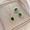 Ins Stainless Steel Emerald Oval Stud Earrings Green Cubic Zirconia Geometric Necklace Fashion Jewelry Set