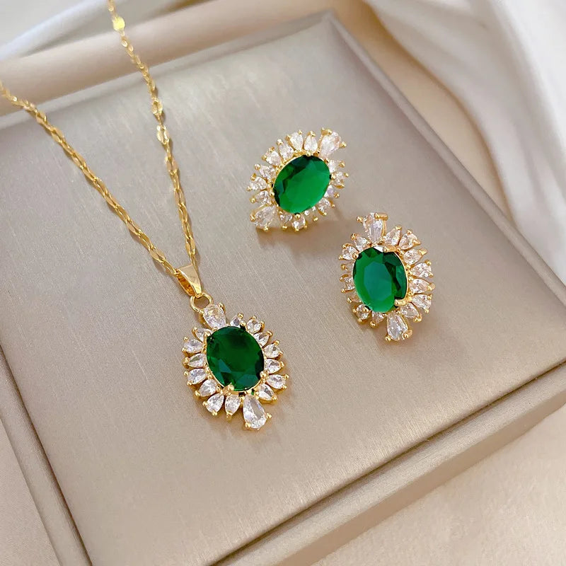 Ins Stainless Steel Emerald Oval Stud Earrings Green Cubic Zirconia Geometric Necklace Fashion Jewelry Set