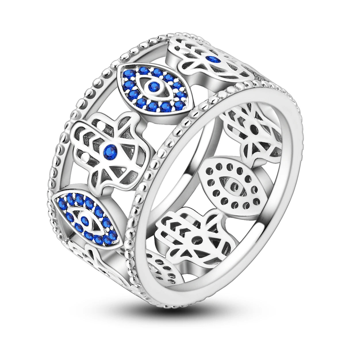 Silver Plated Blue Eye Palm Wide Ring for Engagement Anniversary Party or Gift Giving Featuring Zircon Alloy Material