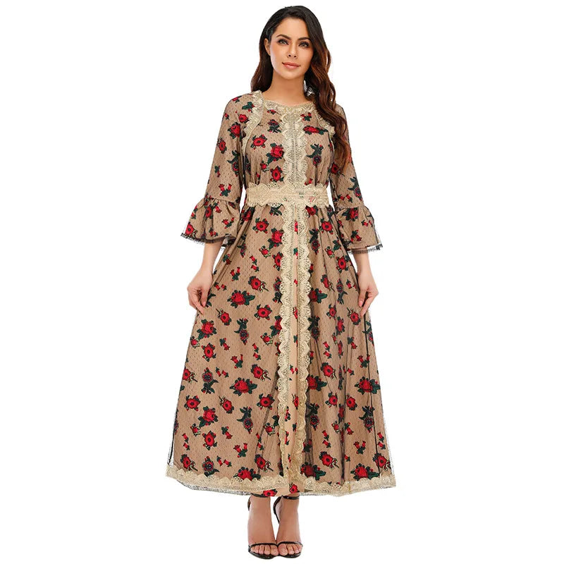 2024 Eid Malaysia American Muslim Women Printing Flower Fabric Classic Abaya With Lace Fashion Dubai