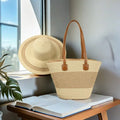 Natural Woven Straw Beach Shoulder Tote for Women Striped Portable Ladies Handbags Hat Set Outdoor Travel Vacation Female Suit