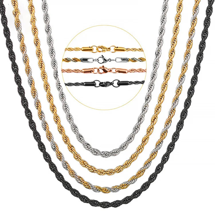 Permanent Cheap Bulk Men Rope 18k Gold Filled Chain Stainless Steel Jewelry for Men by Roll