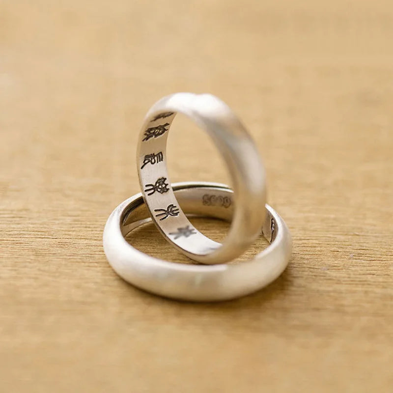 Plain Brushed Frosted Minimalist Style Ring with Nine Character Mantra Engraved Inside High-end Personalized Couple Ring