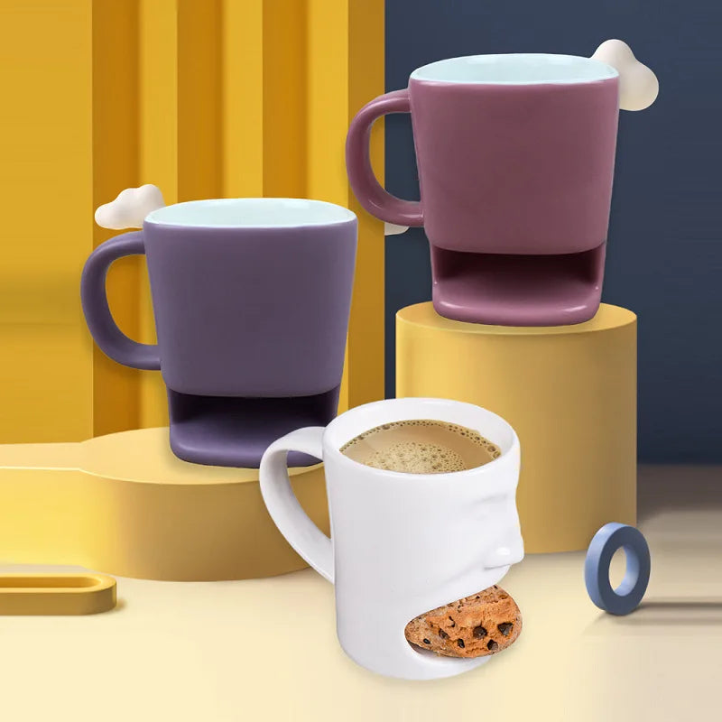 Porcelainous Milk Face Cup Tea Mugs with Biscuit Pocket White Cookies Cup Holder Cookies White Ceramic Coffee Mug