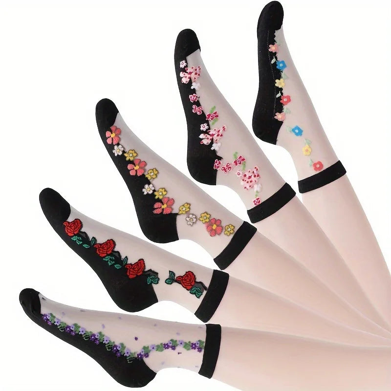 Crew Lace Transparent Socks Wholesale Breathable Summer Custom Floral Socks for Women