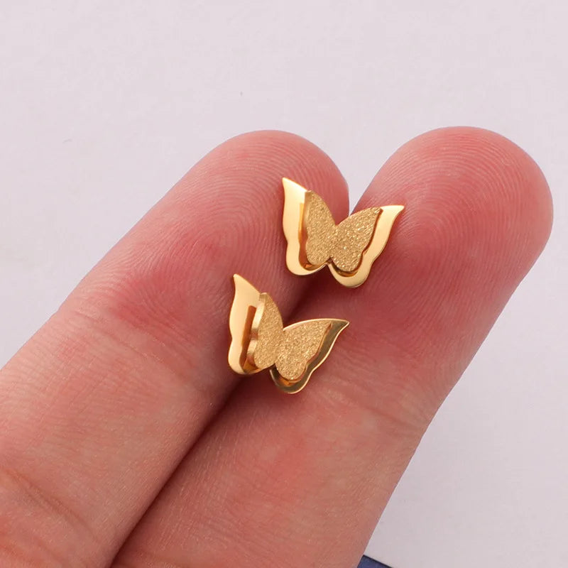 Wholesale 18K Real Gold Plated Double Layer butterfly Stainless Steel Stud Earrings for Women