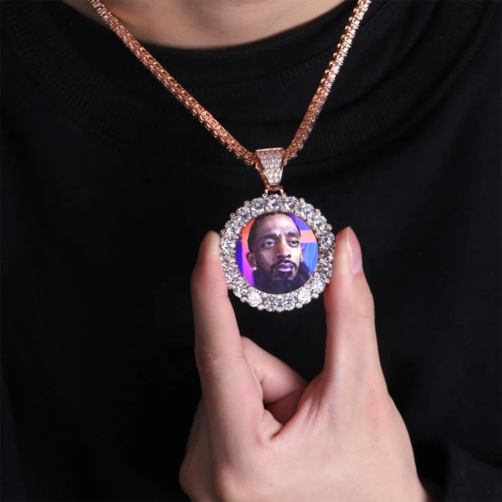 New Custom Picture Photo Image Memory Medal Brass Children's Hip Hop Iced Bezel Frame Sublimation Zircon Platinum Plated Pendant