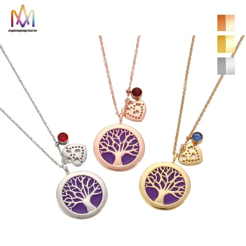 Gold Plated Stainless Steel Tree of Life Necklace with Birthstone and Litter Heart Charm for Valentine's Day