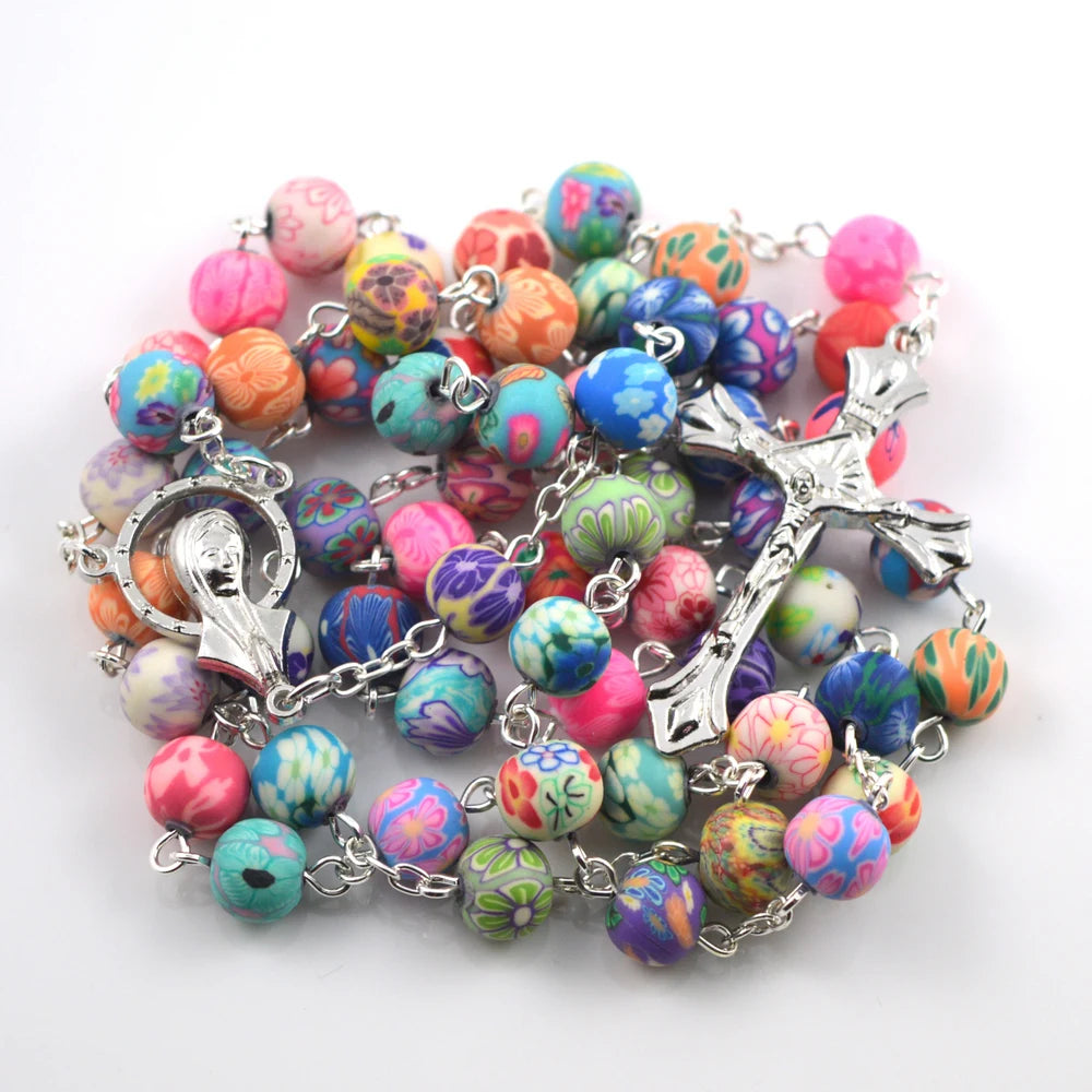 Colorful Rosary Necklace with Beautiful Polymer Clay Beads Saints Image Connectors for Men Women Kids Used in Church