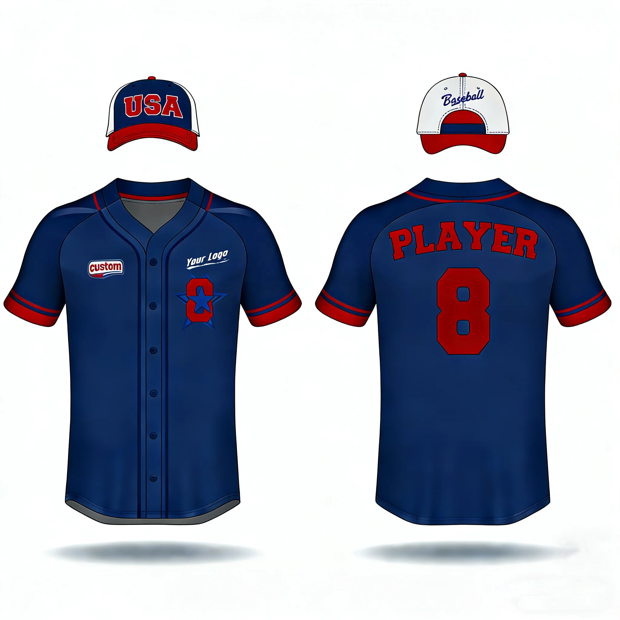Blue and Red Polyester Baseball Jersey with Customizable Full Button up Plus Size Logo Patch Breathable