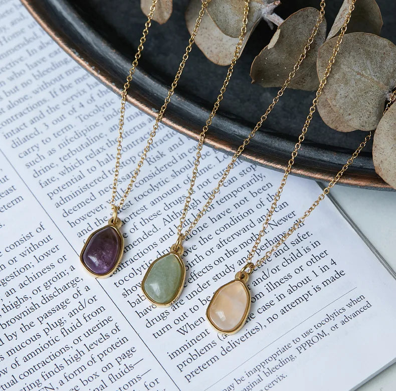 AA00025 Wholesale 18k Gold Plated Stainless Steel Jewelry Jade Stone Pendant Necklace Clavicle Chain Necklace for Women