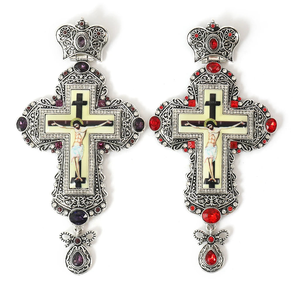 ZDGB-3 Alloy Antique Silver Plated Orthodox Church Priest's Pectoral Cross Necklace with Customizing Stone Colors