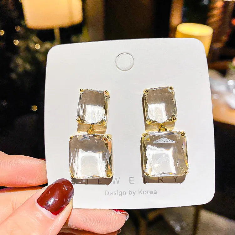 Korean New Design Fashion Jewelry Double Square Earrings Luxury Transparent Glass Ice Crystal  Earrings