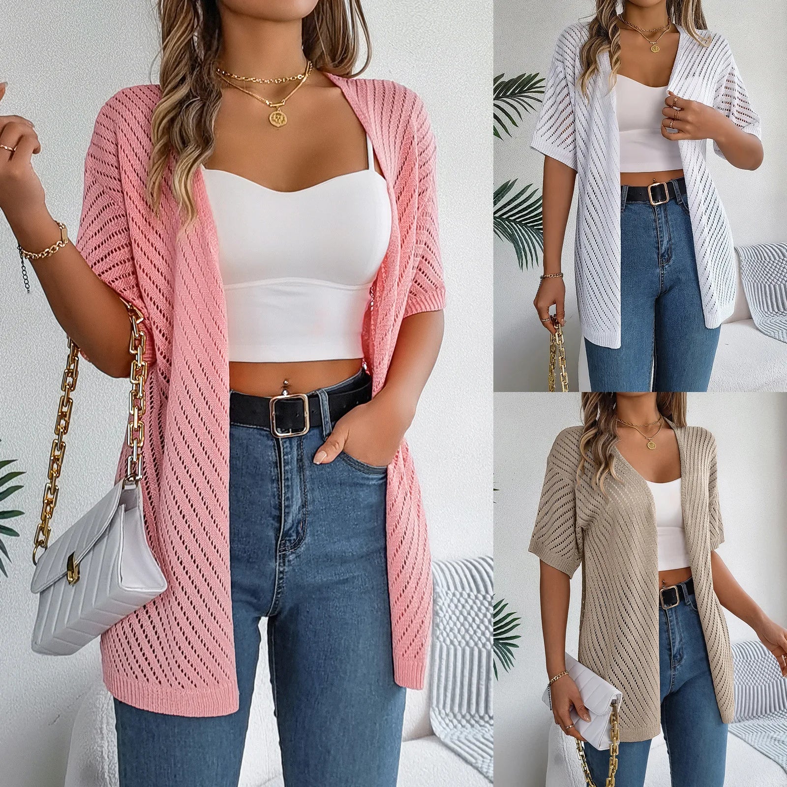 2026 Solid Color Hollow Knit Open Cardigan Half Sleeve Loose Fit Mid-Length Women Casual Summer Beach Cover up Knit Outerwear