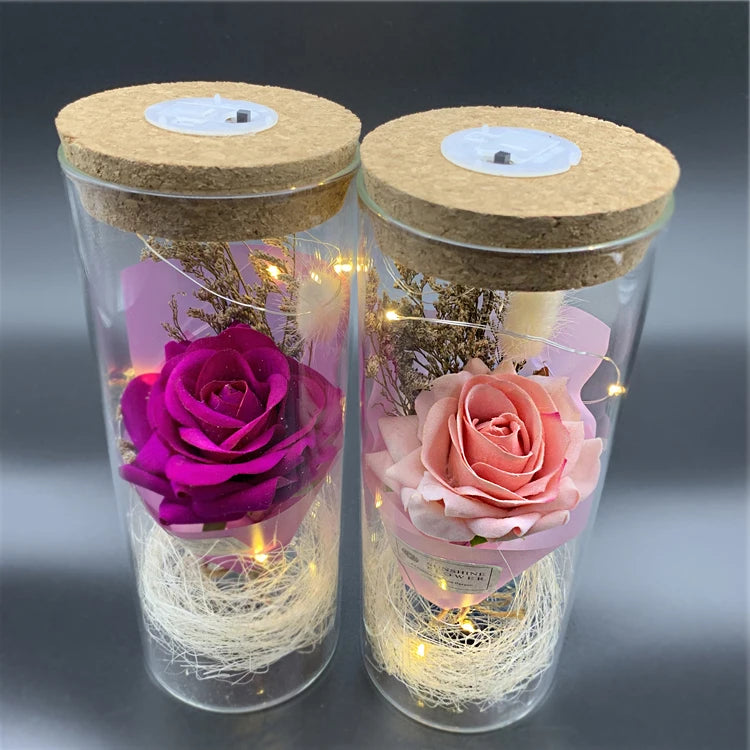Cheap OEM DIY Craft Home Decorative Ornaments Valentine Christmas Festive Gift LED Light Artificial Rose Flower in Glass Dome