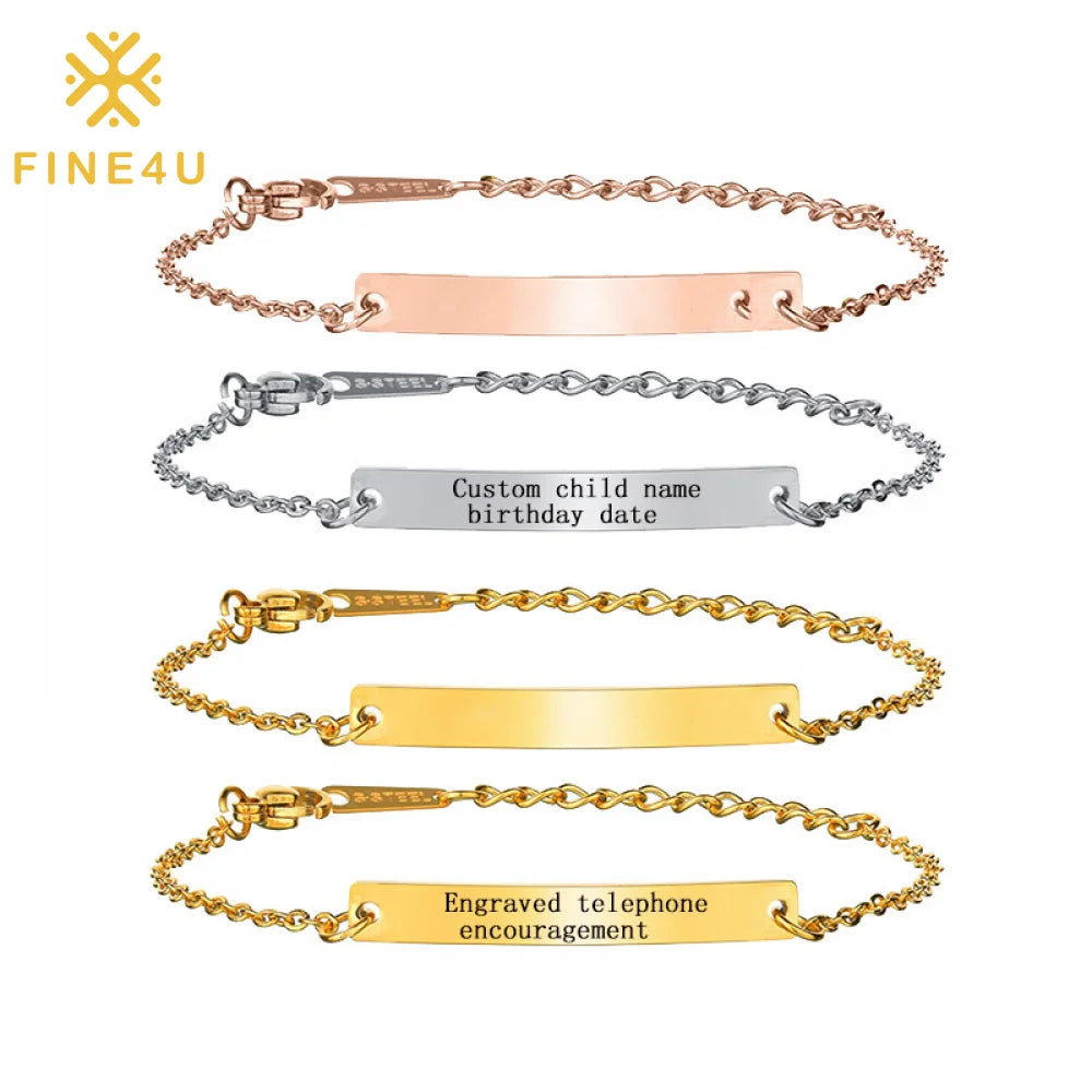 Custom Engraved Children Baby Name Jewelry Gold Plated Stainless Steel Blank Bar Diy Kids Bracelet