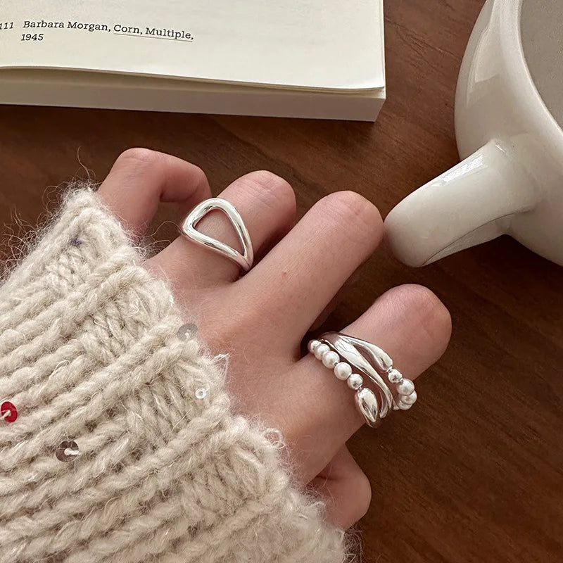 Fine Jewelry Minimalist Women Rings 925 Sterling Silver Open Adjustable Pearl Ring for Women
