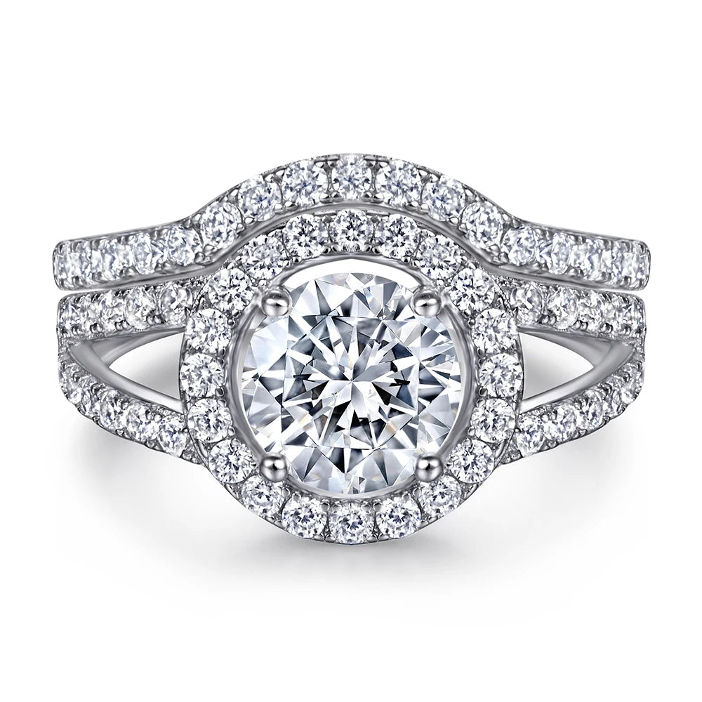 Classic Design Round Cut Halo Wedding Ring for Women Romantic Silver Jewelry Bezel with Rhodium Plating for Party