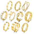 SC French Retro 10 Pcs Stackable Finger Rings Set 14K Gold Plated Chain Rings Fashion Inlaid Pearl Butterfly Ring Set for Women