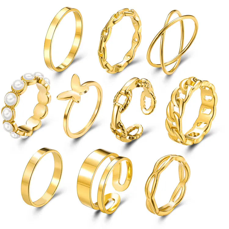 SC French Retro 10 Pcs Stackable Finger Rings Set 14K Gold Plated Chain Rings Fashion Inlaid Pearl Butterfly Ring Set for Women