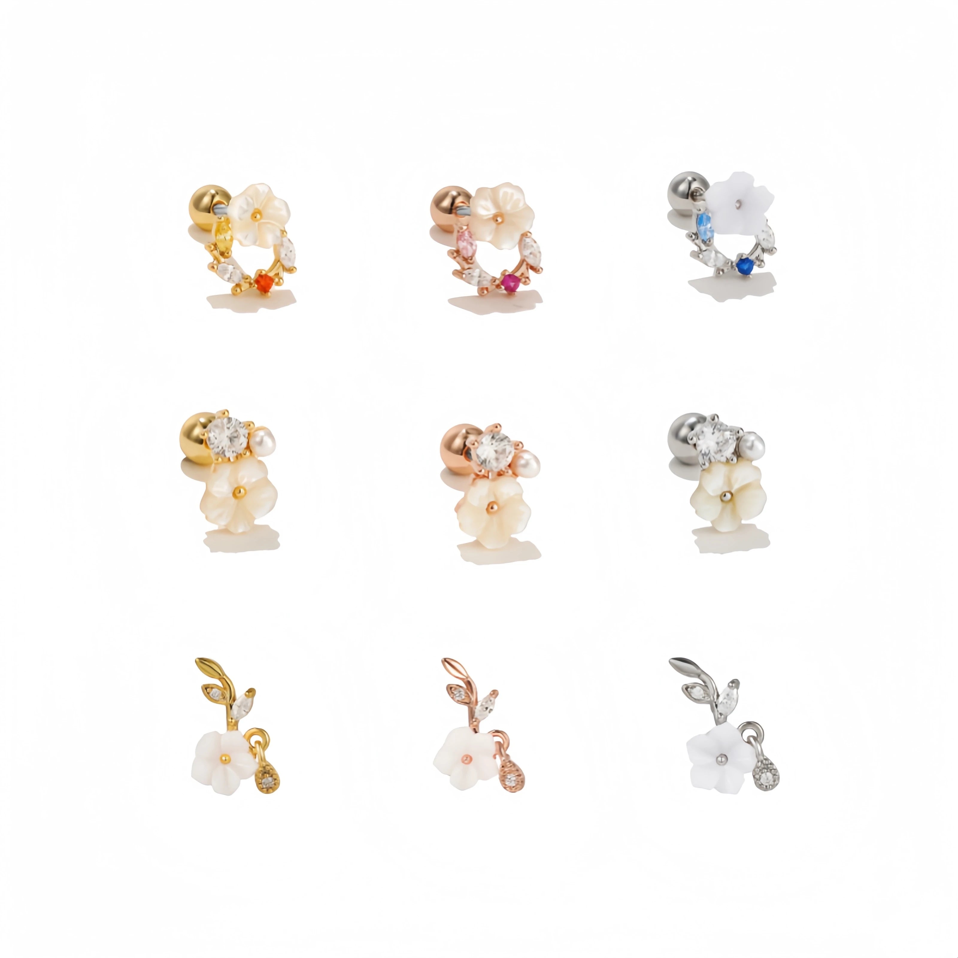 Korean Temperament Ear Studs 18K Gold Plated Rod Piercing Screw Ball Small Ear Studs Brass White Flower Ear Bone Stud for Women