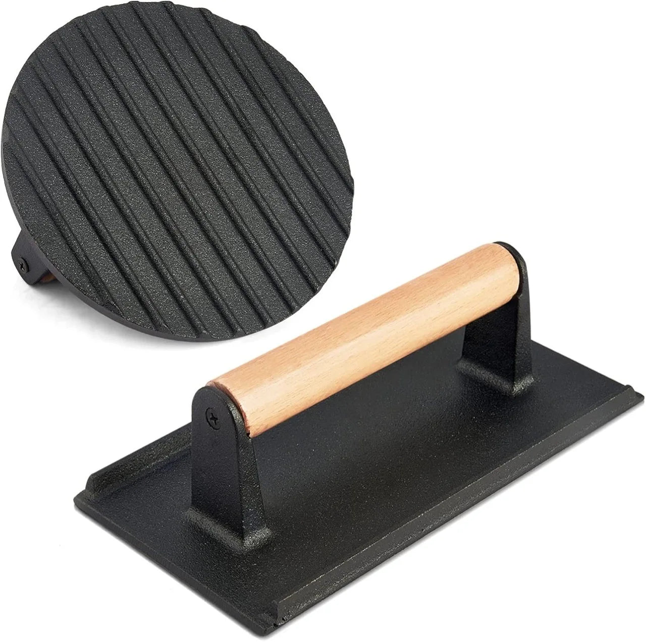 BBQ Grill Tool Set Accessories Pre Seasoned Round Square Cast Iron Grill Press Steak Press Weight Wooden Handle