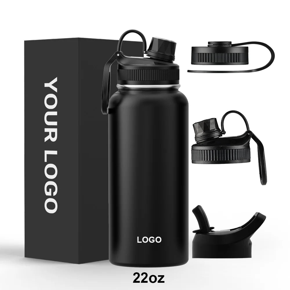 Outdoor Customized 3 Lids Stainless Steel Vacuum Flask Water Bottle Sports Insulated Water Bottle with Straw