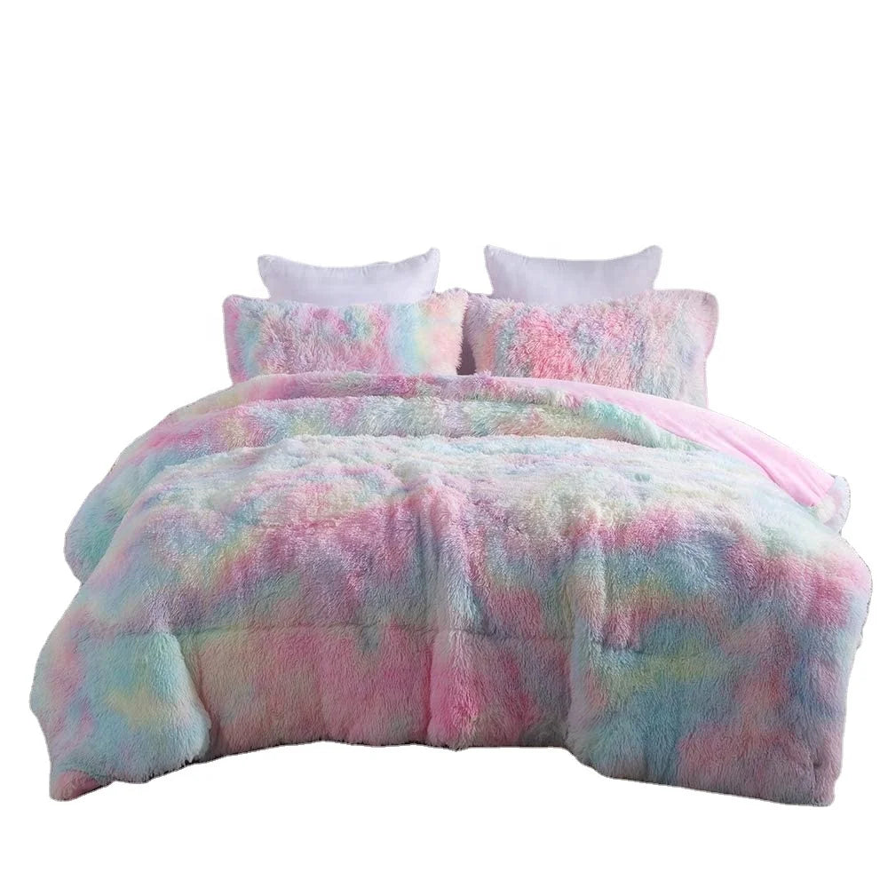 Faux Fur Plush Rainbow Fluffy Fuzzy Shaggy Microfiber Bedding Set Quilt Set Comforter Cover Set
