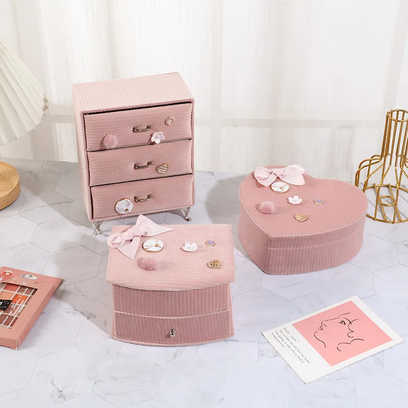 Pink Girls' Heart-Shaped Jewelry Cabinet Display with Mirror Makeup Organizer and Earring Storage Chair