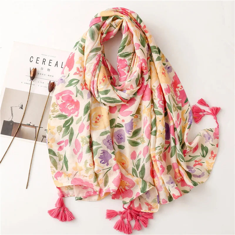 Women's Floral Print Soft Headscarf Big Size Beach Summer Shawl with Leaves Design for Spring Season