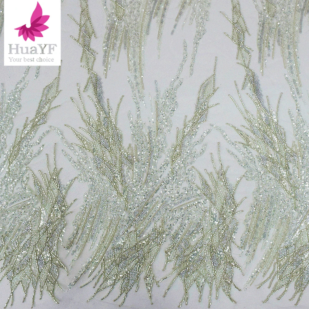 HY2307 Good Quality Long Glass Beads Sequins Beaded Lace Fabric Wedding Bridal Lace Dress Fabric Wholesale