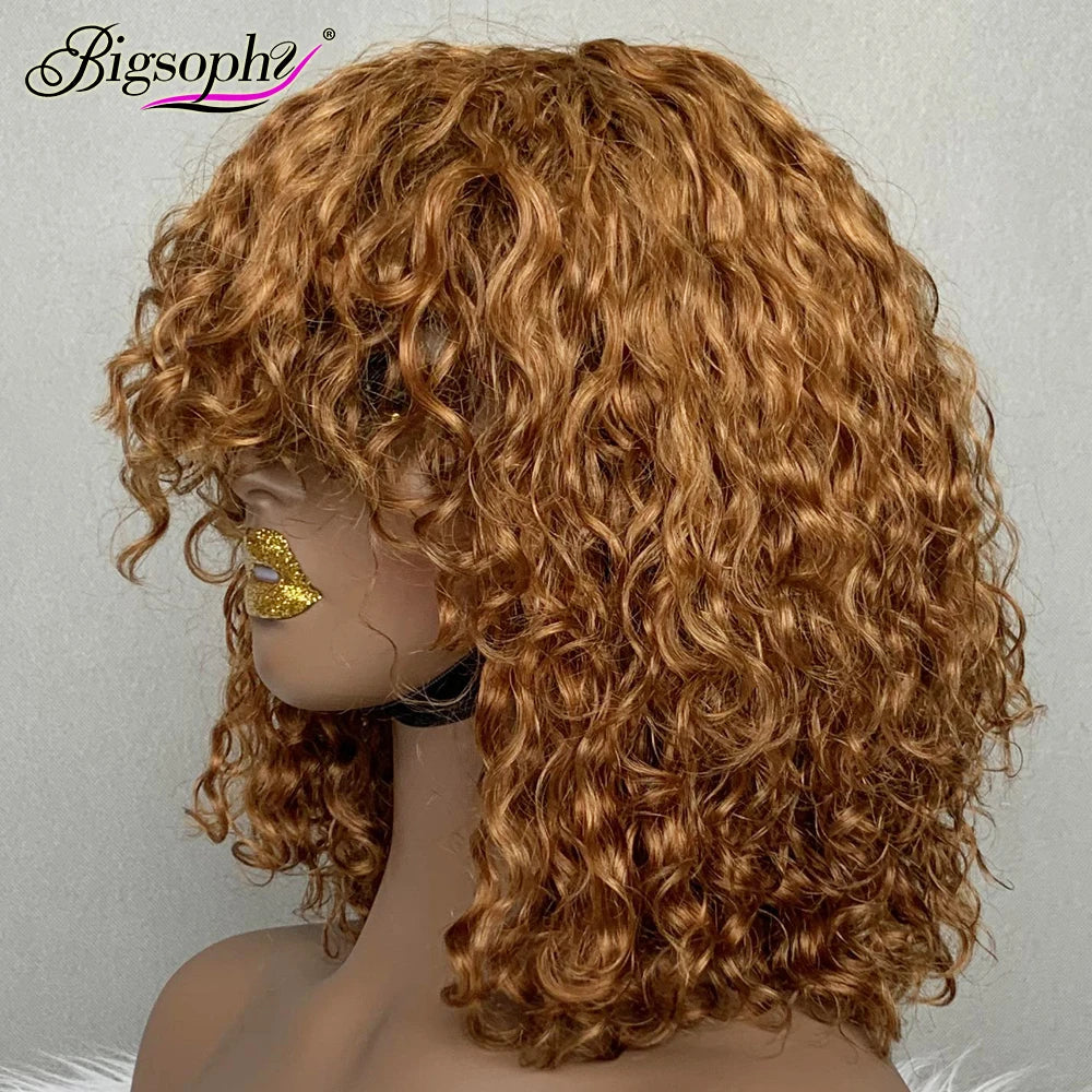 Factory Price Super Double Drawn Ginger Human Hair Bang Bob Wigs12Inch #30 Luxury Curl Human Hair Vendor for Selling