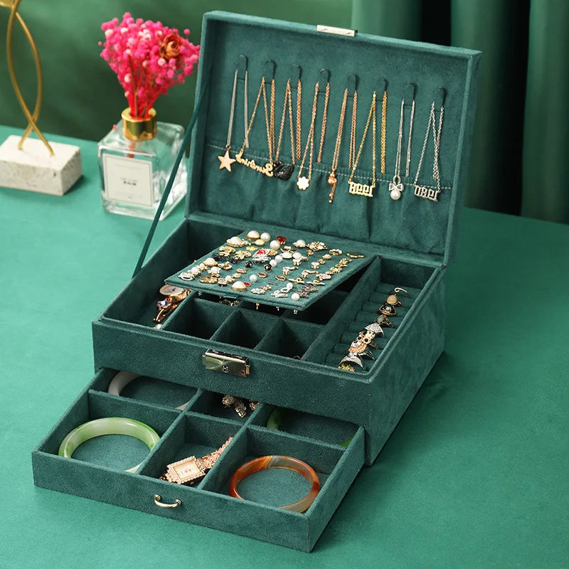 Korean New Flannel Vintage Jewelry Box Large Capacity Travel Bracelet Locked Jewelry Box