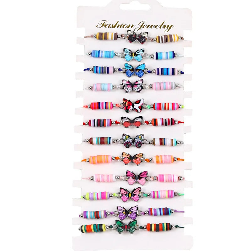 Set 12 Colorful Braided Rope Soft Clay Alloy Drop Oil Butterfly Pendant Bracelets Bohemia Summer Beach Fashion Charm Bracelets