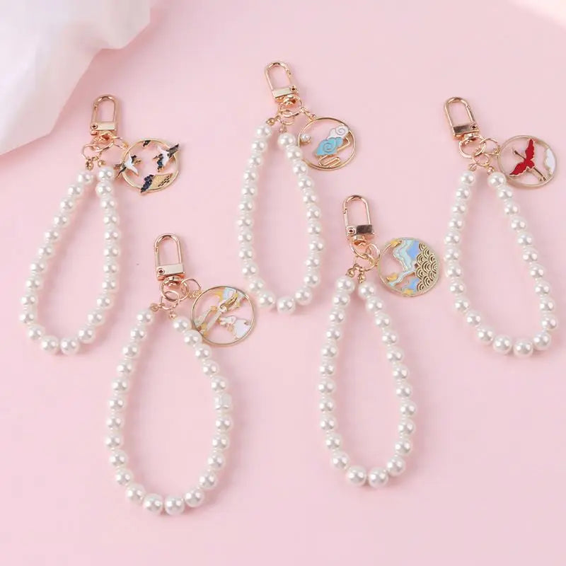 Women Beaded Keyring Wristlet House Car Key Ring Rabbit Pendant Key Chains New Fashion Pearl Wrist Lanyard Keychain Bracelet