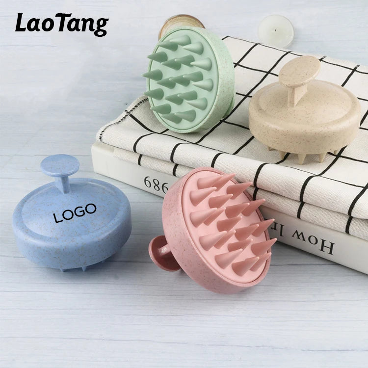 Private Logo Compact Soft Silicone Scalp Massager Hair Shampoo Brush Cushion & Vent for Bath Spa Scalp Care with Wheat Straw