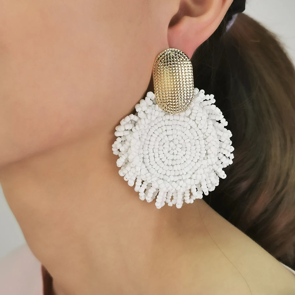 New Hot Sale Wholesale Boho Metal Rice Beaded Earrings Statement Handmade Resin Seed Beads Flower Drop Dangle Earrings