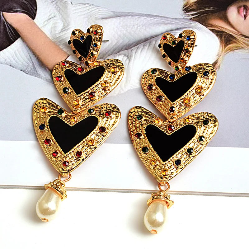 Fashion Metal Diamond love Heart Long Earring Pearl Pendant Earrings Jewelry for Women 2022 Wholesale
