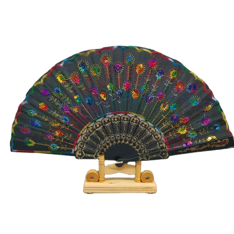 Hot Sale Fashion Folding Cloth Sequin Hot Stamping Hollow Plastic Bone Hand Fans for Wedding Handfan Custom