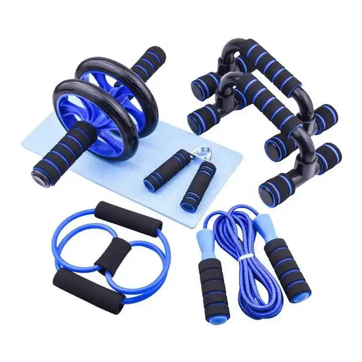 7 in 1 Push up Bar Kit Jump Rope Hand Gripper Knee Pad Gym Home Workout AB 7 Piece Wheel Roller Set
