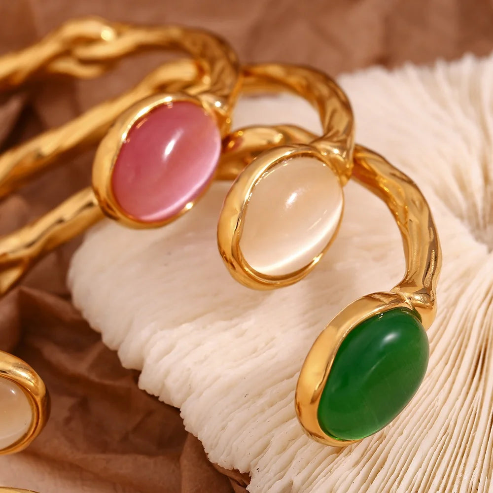 Colorful Natural Stone Tarnish Free Waterproof Gold Plated PVD Bangle Stainless Steel Bangles