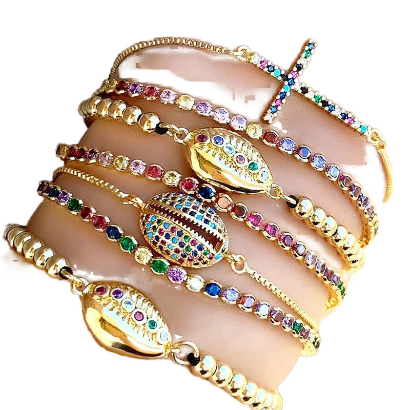 Luxury Trendy 2022 18K Gold Rhinestone Beads Colorful Cubic Zircon Bangle Cross Shell Charm Stack Bracelets Boho Bulk Gift