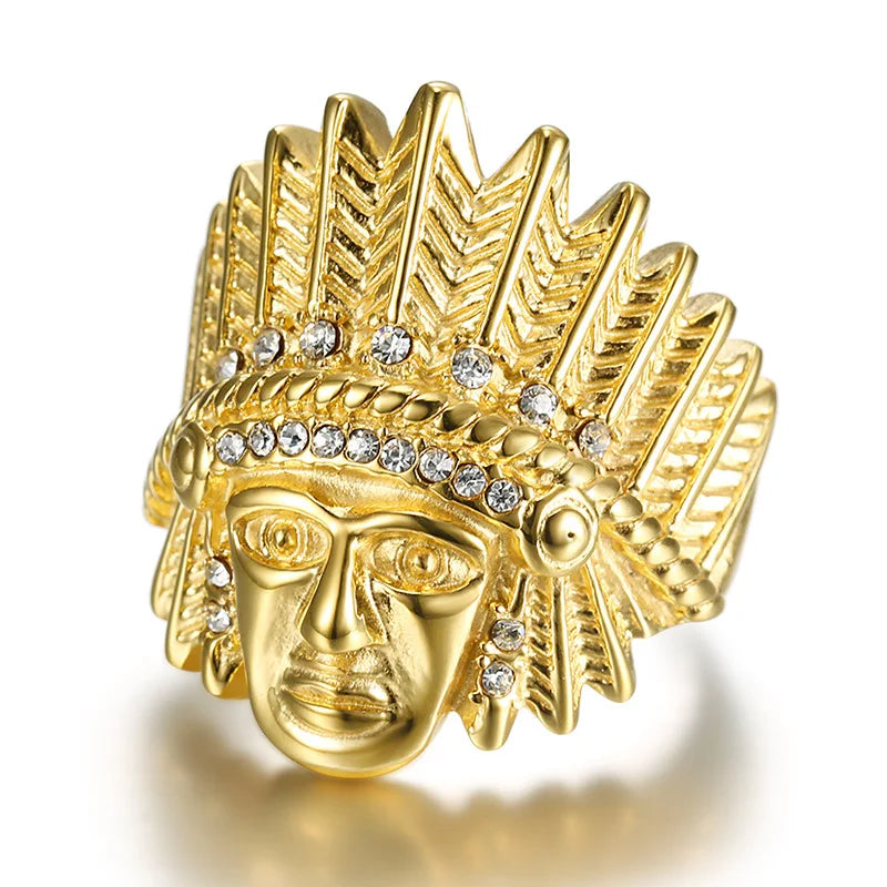 Hiphop Indian Head Chief Ring Crystal Gold Plated Rings for Men